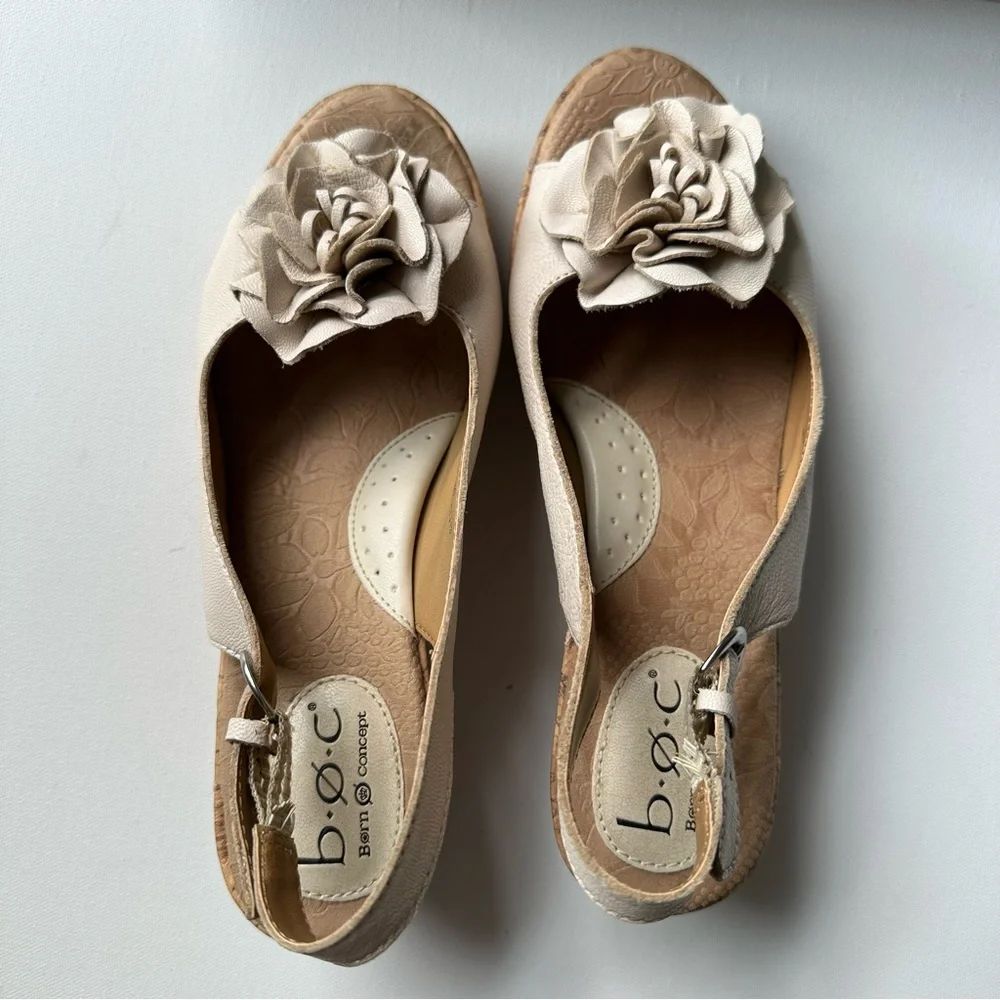 Floral Cream Leather Slingback Wedge Sandals - Picture 2 of 11